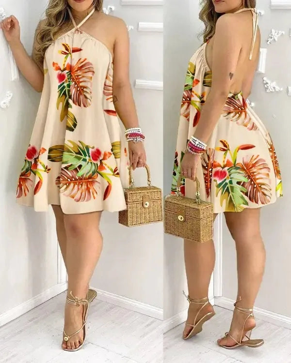 Tropical Print Halter Neck Dress, Vacation Style Backless Dress For Spring & Summer