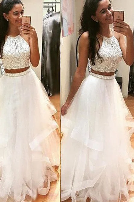 Two Piece Floor Length Prom Dresses with Beading  Prom Dresses for Teens N1423