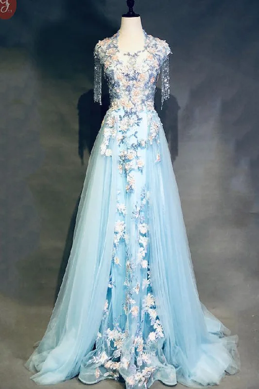 Unique Light Blue Beading Cap Sleeves Beading Applique Prom Dresses N1955