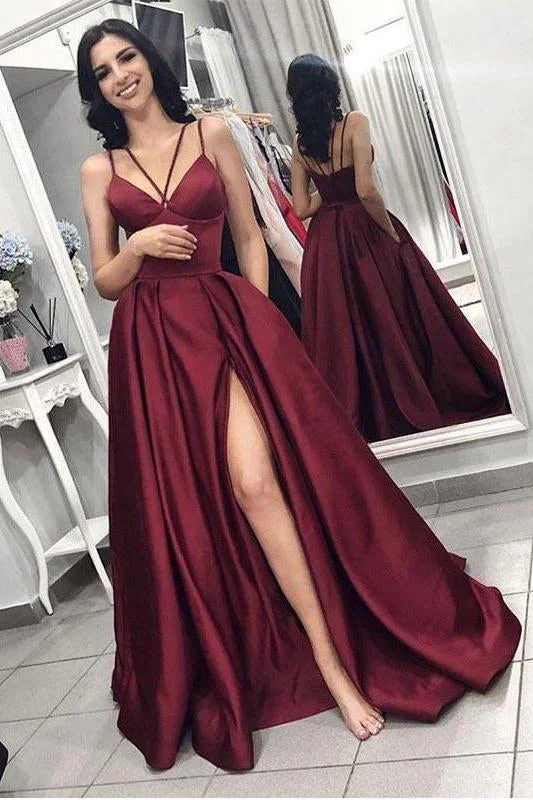 Sexy Burgundy Spaghetti Straps Satin Prom Dresses with High Slit