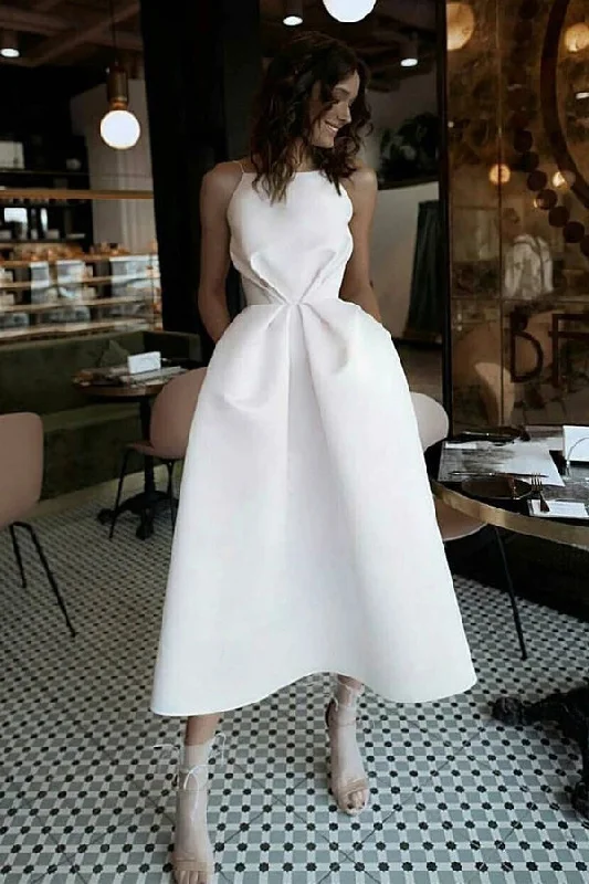 White Satin Spaghetti Straps Backless Tea Length Prom Dresses