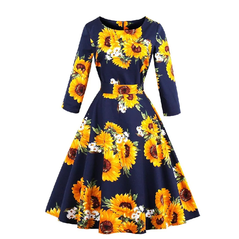 Vintage Women 3/4 Length Sleeves Sumflower Dresses