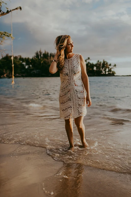 White Crochet Dress & Coverup with Melon Slip