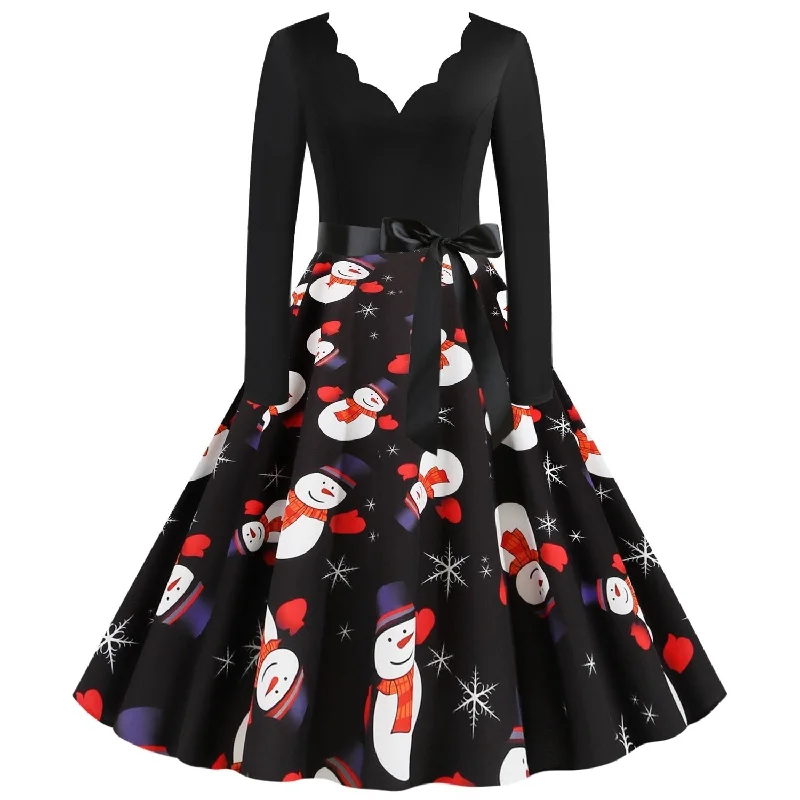 Women Vintage Christmas Snowmen Slim Waist Dresses