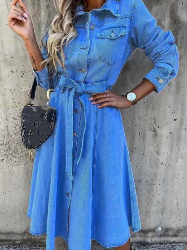 Blue Zone Planet | Denim High Waist Pocket Lapel Dress