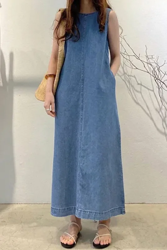 Crew Neck Pocketed Denim Tank Dress