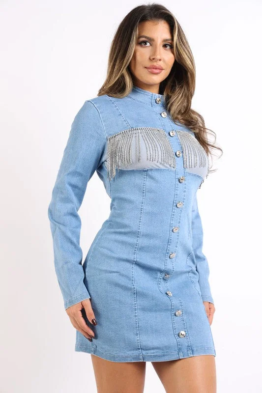 Denim dress with rhinestone fringe