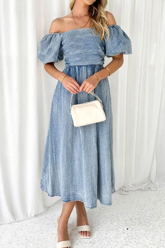 Puff Sleeve Smocked Denim Dress