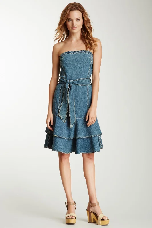 Ruffle Strapless Stretch Denim Dress - Denim Blue