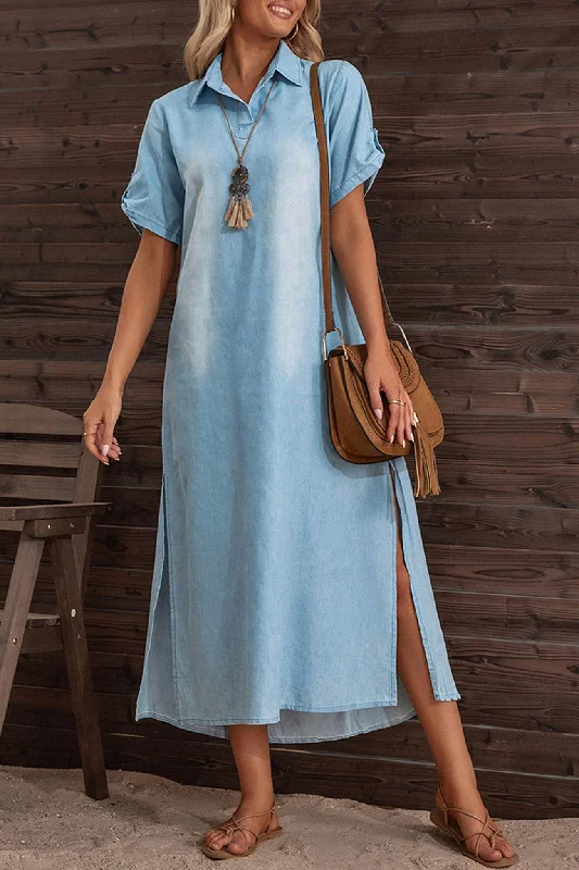 Short Sleeve Lapel Side Slit Denim Dress