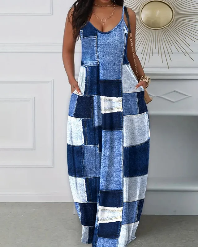 Sling Denim Patch Print Dress