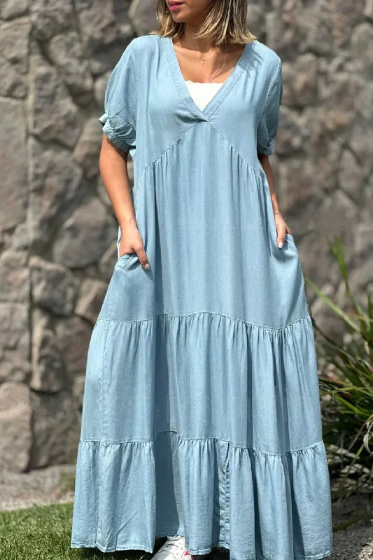 V Neck Short Sleeve Faux Denim Tiered Dress