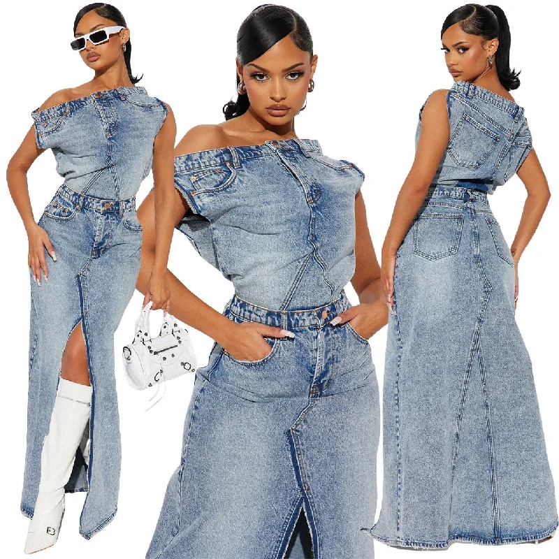 Denim Top and Slit Skirt