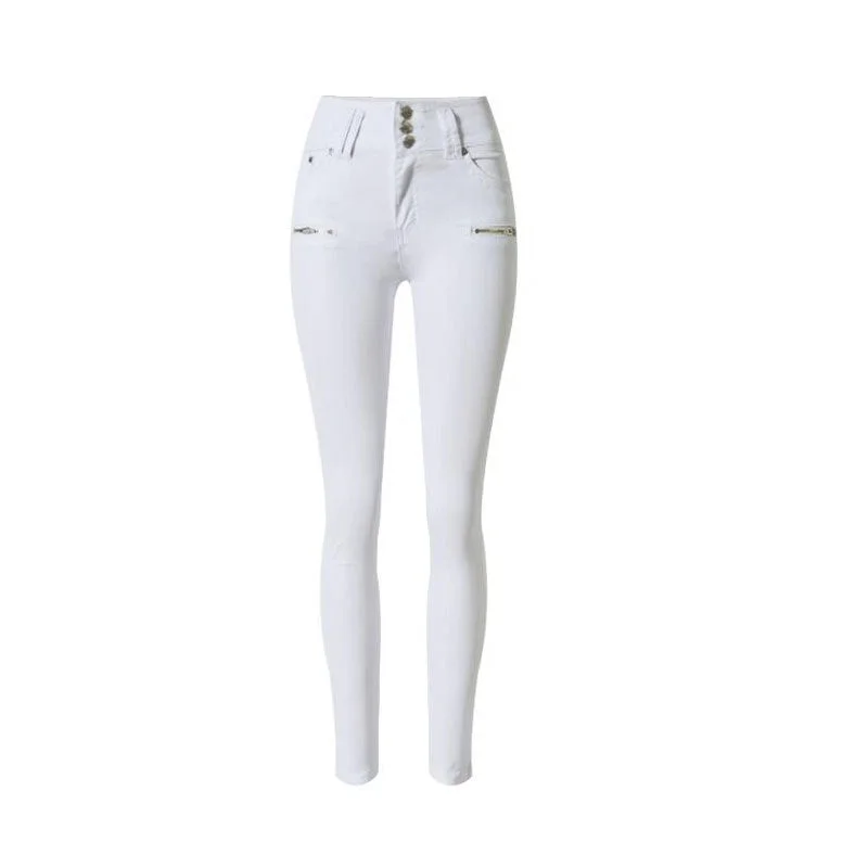 fashion zippers elastic high waist jeans woman white skinny jeans women Autumn casual elastic denim pencil pants