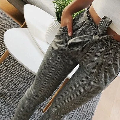 Gray Plaid Pants Sweatpants Women Side Stripe Trousers Casual Cotton Comfortable Bottoms Pockets High waist trouser