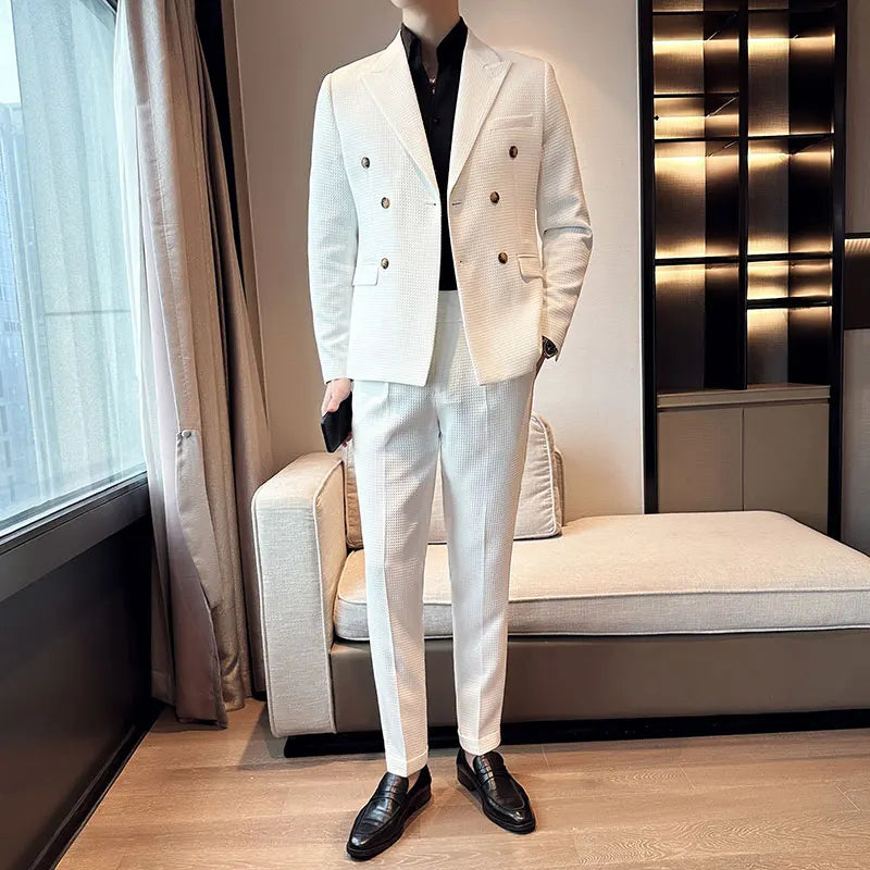 2023Boutique high-end English dress (Blazer - western pants) Waffle  men's casual suit double breasted suit two-piece set