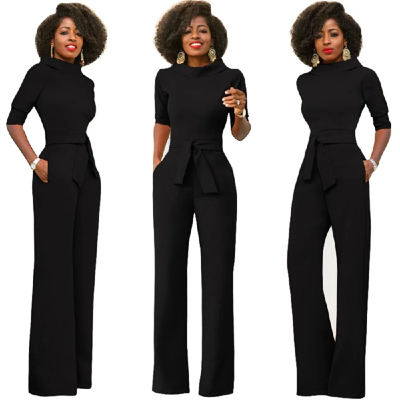 Solid Stand Collar Half Sleeve Casual Jumpsuits with Sashes Office Lady One Piece Wide Leg Pants Women Rompers Overalls