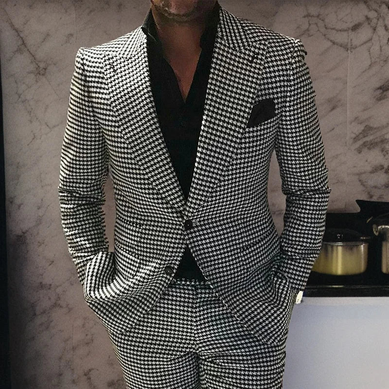 Check Houndstooth Casual Men Suits for Groomsmen with Peaked Lapel 2 Piece Wedding Tuxedo Custom Plaid Man  Jacket Pants