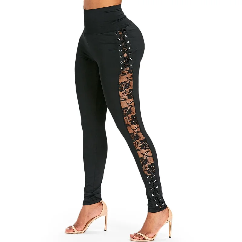 Women High Rise Lace Insert Criss Cross Skinny Pants 2022 Fashion High Elastic Waist Patchwork Leggings Women Pencil Pant