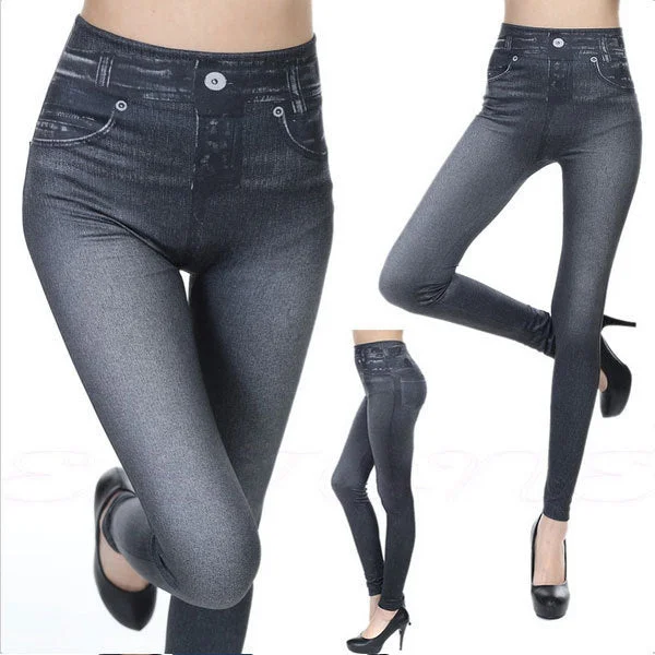 Genie Slim S-XXL Women Legging Jeans High Waist Elastic Jeggings Female Fitness Leggings Pants 2 Real Pocket Faux Jeans Leggings