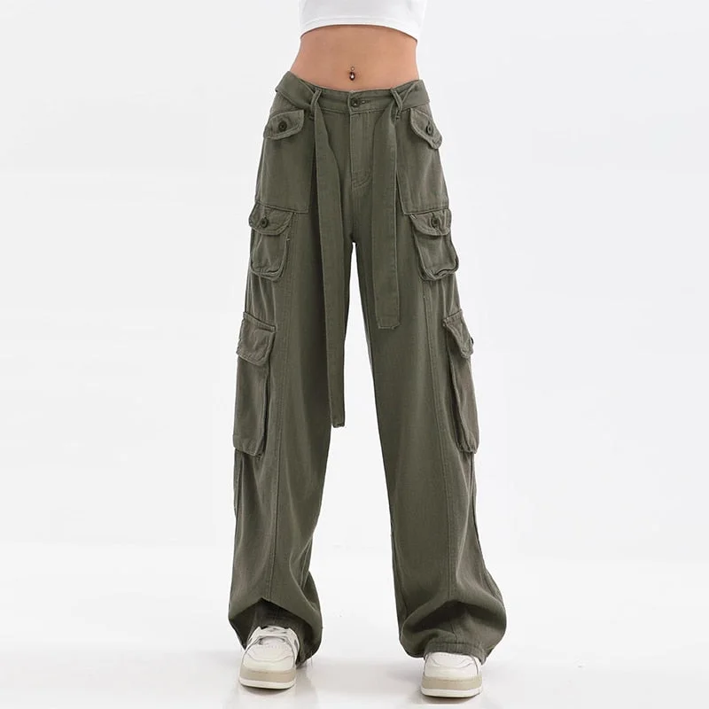 Loose Women Cargo Pants Side Pockets Hip Hop Casual Baggy Korean Vintage 90s Straight Trousers Casual Streetwear Wide Leg Pants