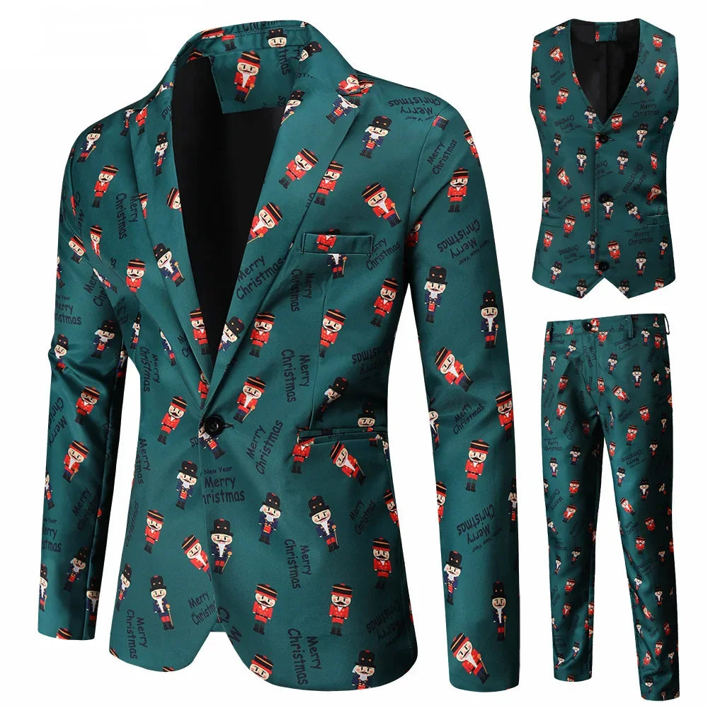 Men Casual Suit Blazer Vest Pants Christmas Print Street Hiphop  Slim Banquet Party Men Suits