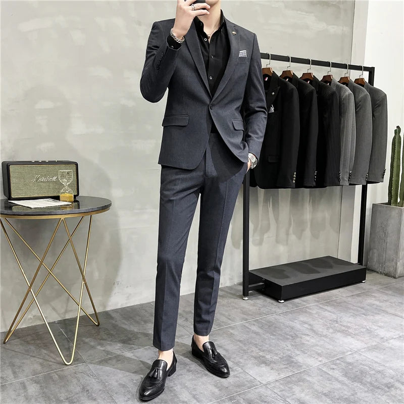 Men's Business Solid Color Casual Suit Slim Men's Wedding Groom Banquet Suit  Man Plus Size (Jacket + Pants)  Suit