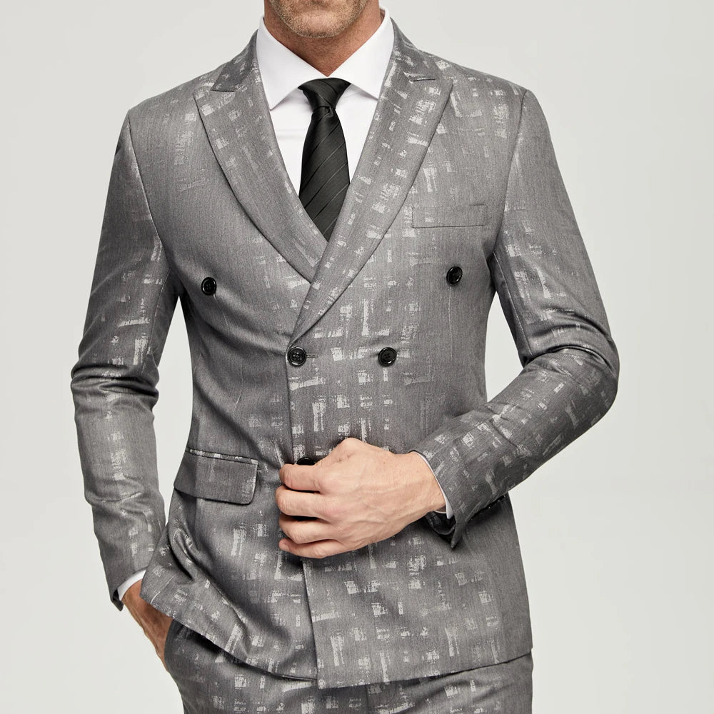 Men's  Grey Jacquard Suits  Casual Double Breasted 6 Buttons Wedding Grooms Wear (Jacket+Pants) Formal Prom Dinner Suits