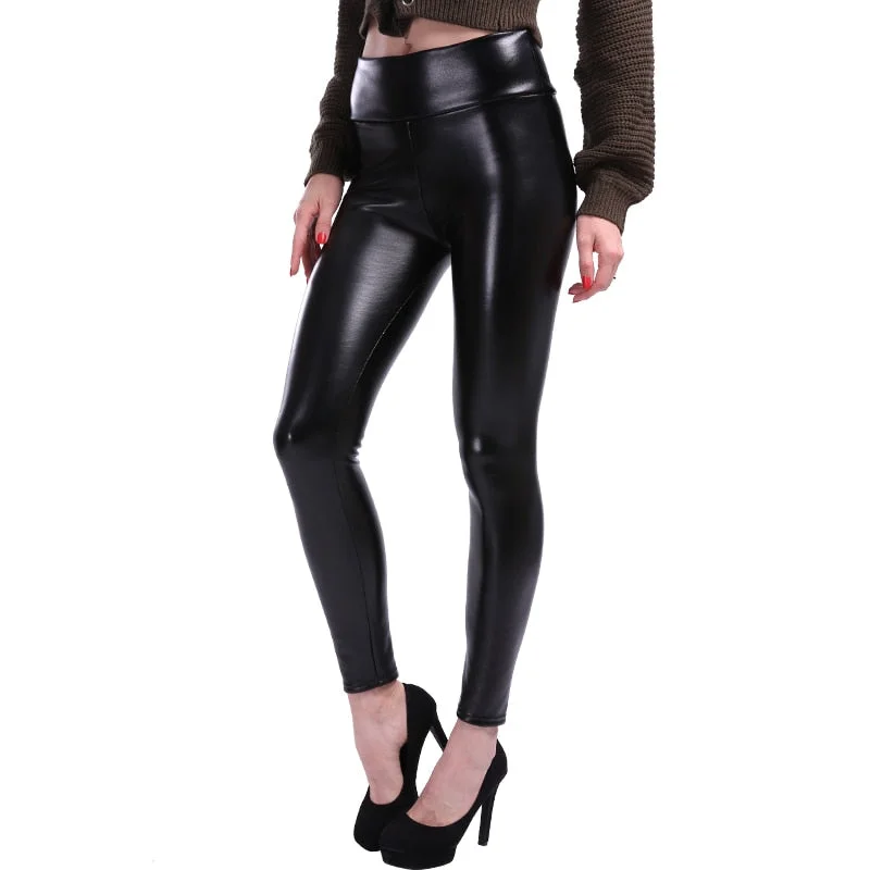 S-5XL Plus Size Leather Leggings Women High Waist Leggings Stretch Slim Black Legging Fashion PU Leather Pants Women