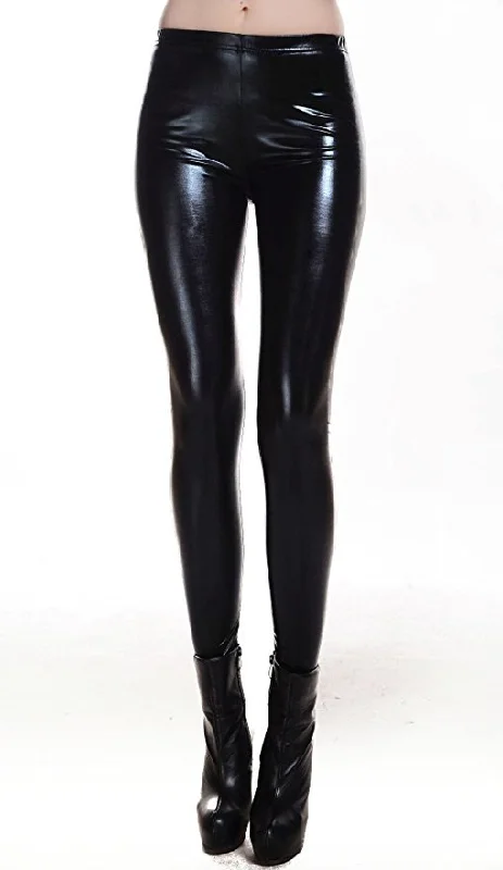 Women Mid Elastic Thin Leggings Large Plus Size Imitation Faux Leather Pants Skinny Shiny Black Plus Legging Fitness