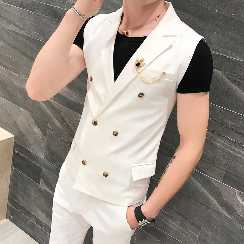 Summer  Double-breasted Men's Suit Set Casual Slim Two-piece Set (sleeveless Top + Pants) Multi-color Trajes De Hombre