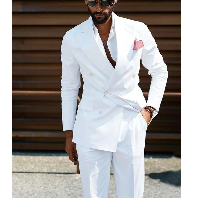 White Double Breasted Men Suits Slim Fit Wedding Groom Tuxedos 2 Piece Casual Style Male  Costume Homme (Jacket+Pants)