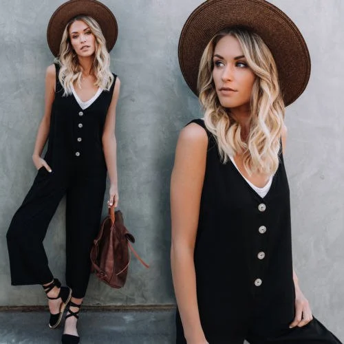 Women Sleeveless Jumpsuit Loose Jumpsuit Strappy Dungaree Bib Pants Long Overalls