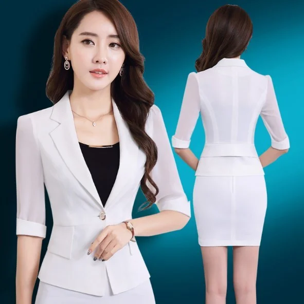 2 Pieces Set Office Skirts Suit Women Summer Business Casual Skirt Suits Black White Womens Short Sleeve Blazer With Mini Skirt