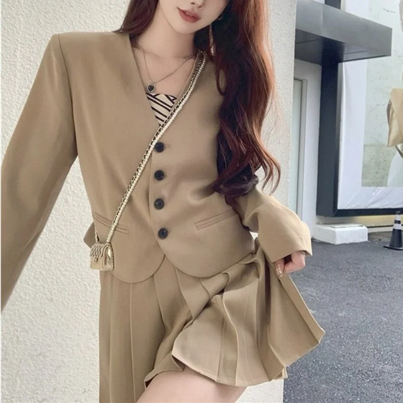 2022 Autumn Casual Elegant Two Piece Set Woman High Street Korean Skirt Suits Long Sleeve Coat Design Mini Pleated Skirt