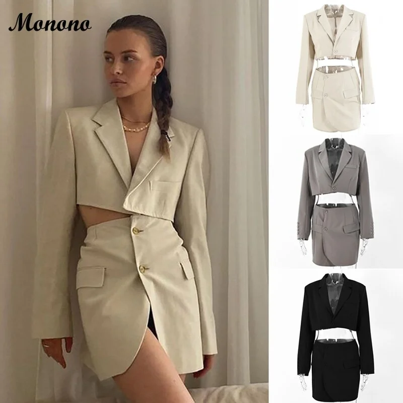 2022 Autumn Spring 2Pcs Set Blazer Skirts Women Suits Elegant Button Sexy Casual Streetwear Blazer Mini Skirt Jacket Sets Mujer