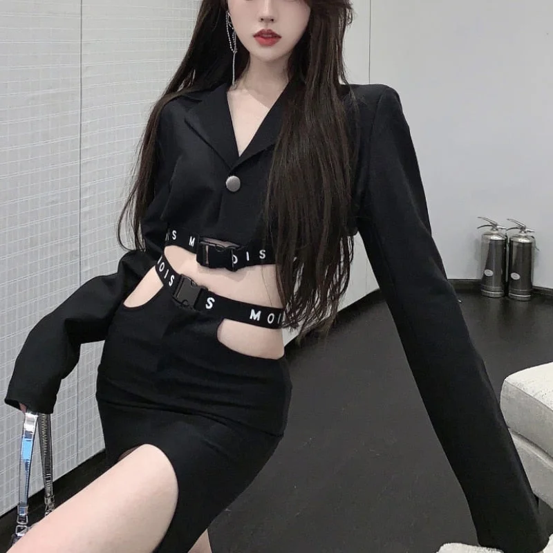 2022 Summer Casual Party Skirt Suits Woman Korean Y2k Elegant Two Piece Set Black Long Sleeve Coat Hollow Out Mini Skirt