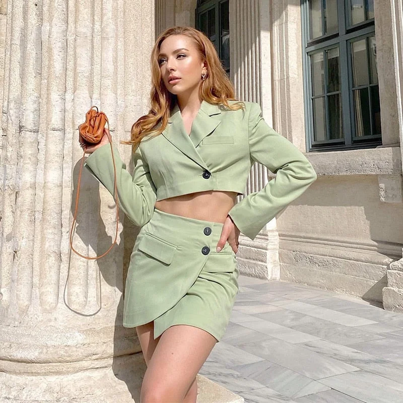 2022 Summer Women 2 Pieces Set Cropped Blazers and Short Skirt Suit Casual Chic Lady Outfits Women Suit