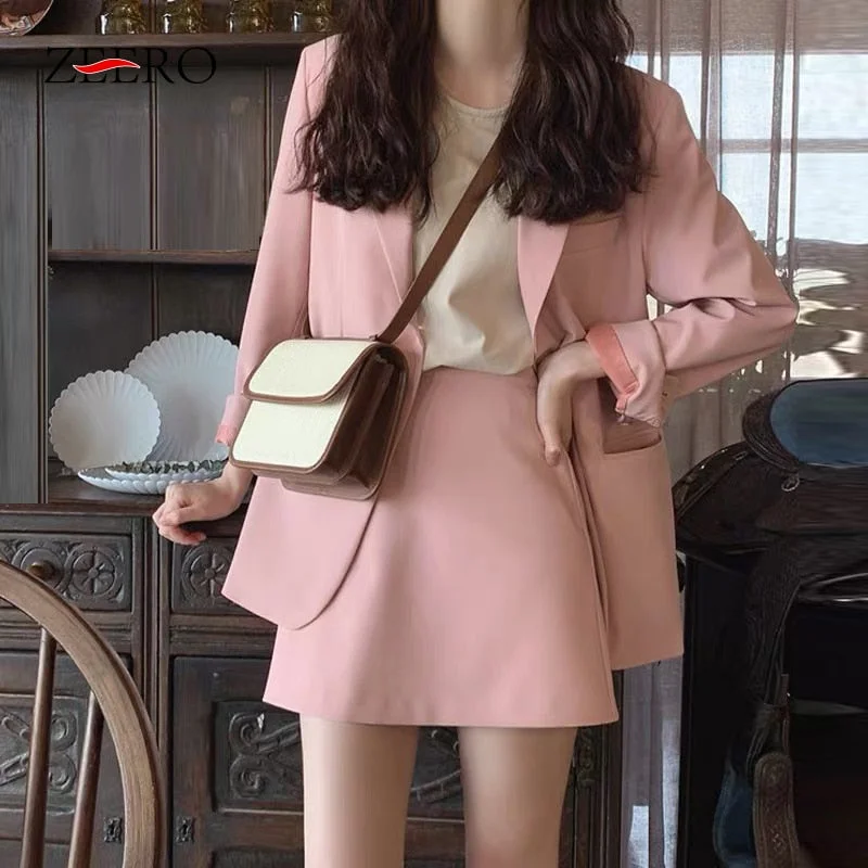 Autumn Women Suits Pink Skirt Suits 2 Piece Set Blazer Jacket Mini Skirt Ladies Casual Work Sets Suits Elegant Woman Plus Size