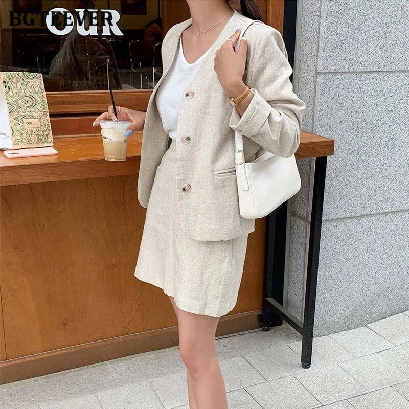 BGTEEVER Casual Cotton and Linen Skirt Suit for Women Single-breasted Blazer & Mini Skirt 2022 Summer Female 2 Pieces Set