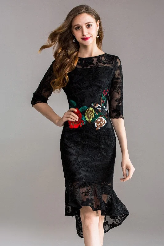 Black Lace Dress W/ Rose Embroidery