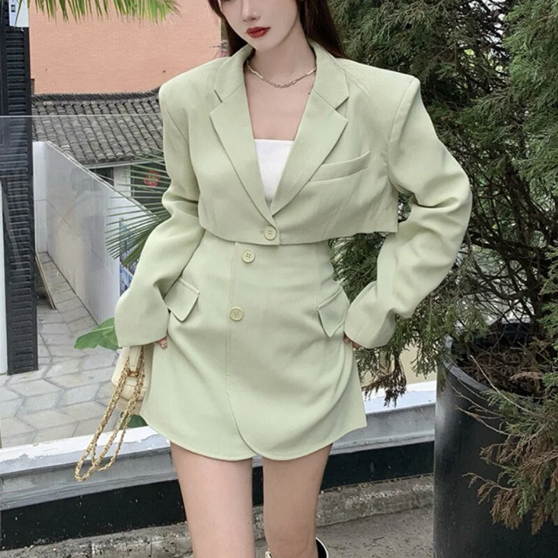 Casual Korean Two Piece Set Woman Office Style Elegant Skirt Suits Autumn 2022 Slim Long Sleeve Coat Designer Mini Skirt