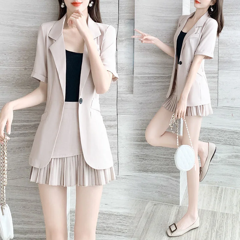 Casual Short Ladies Blazers Suit Women Streetwear Female Coat Blazer and Pleated Skirt Set Chic Office Ladies Suits Summer Y418