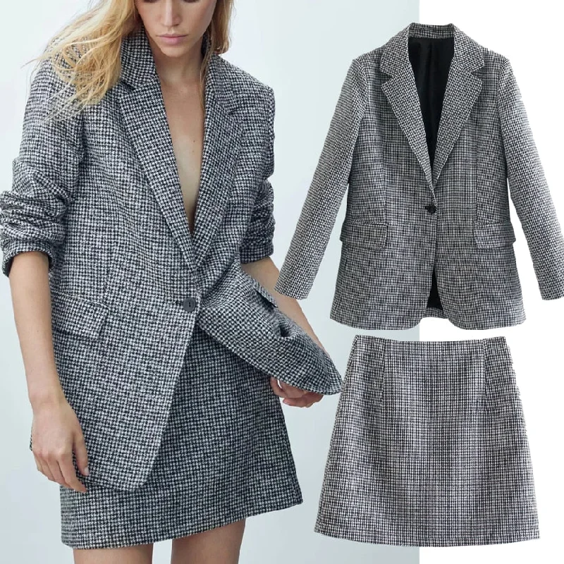 Dave&Di England Style Office Lady Vintage Houndstooth Plaid Casual Blazer Women Aline High Waist Mini Skirts Women Sets