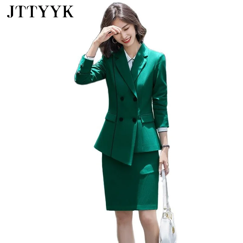 Double Breasted Green Skirt Suit Autumn Women 2022 Korean Casual Blazer Oversize Mini Skirt Office Elegant Skirt Suit