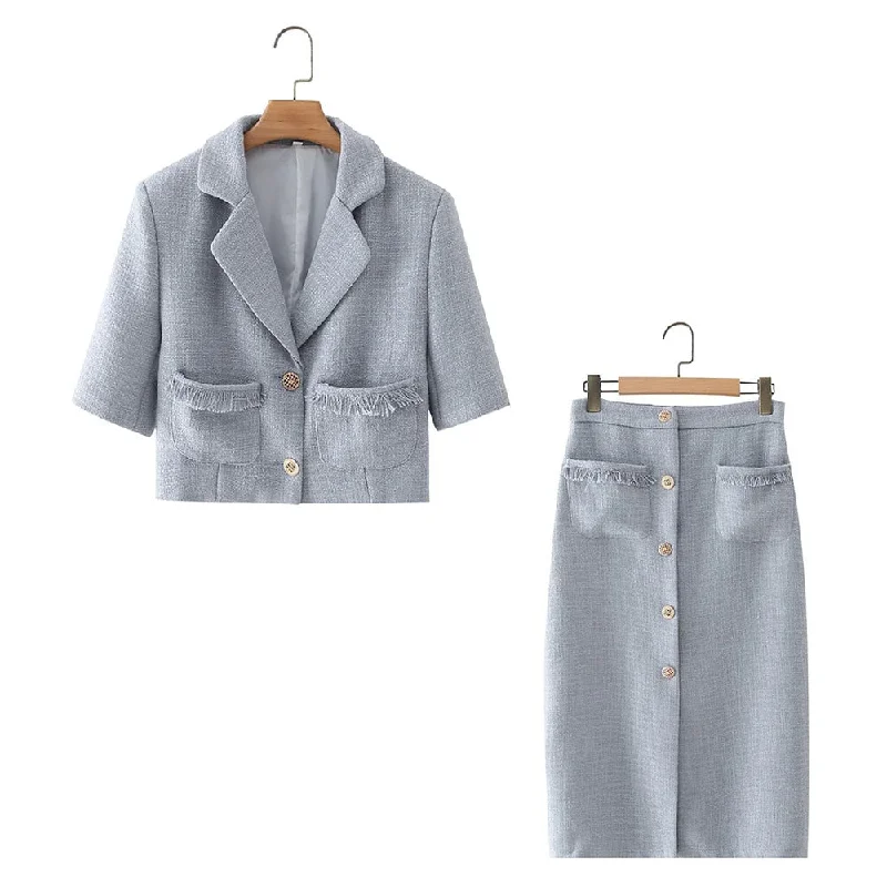 DYLQFS 2022 Tweed Summer Women Two-piece Set Gray Vintage Casual Slim Short Sleeve Blazer Female Tassel High Waist Skirt Suits