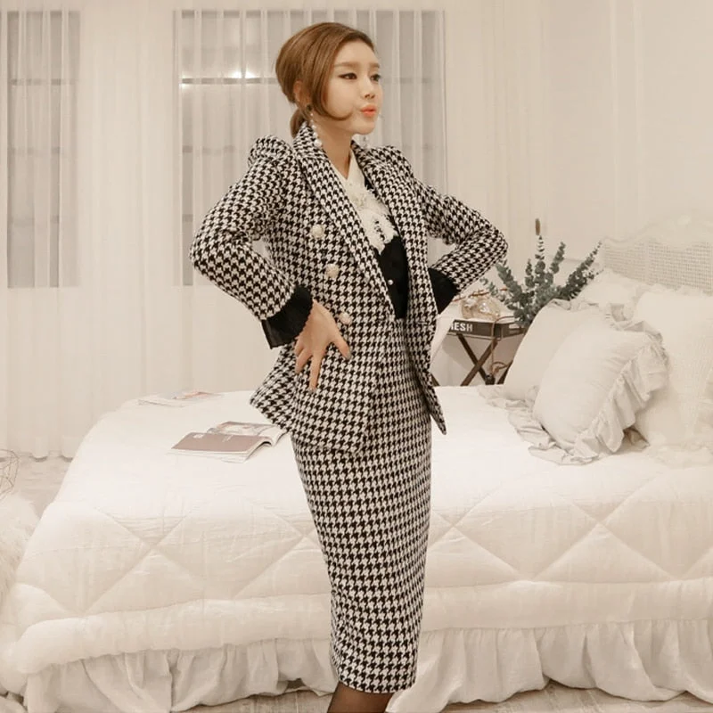 Elegant Houndstooth Women Skirt Suit One Button Slim Blazer & Mid-length Skirt 2022 Autumn Casual Plaid 2 Pieces Set feminino