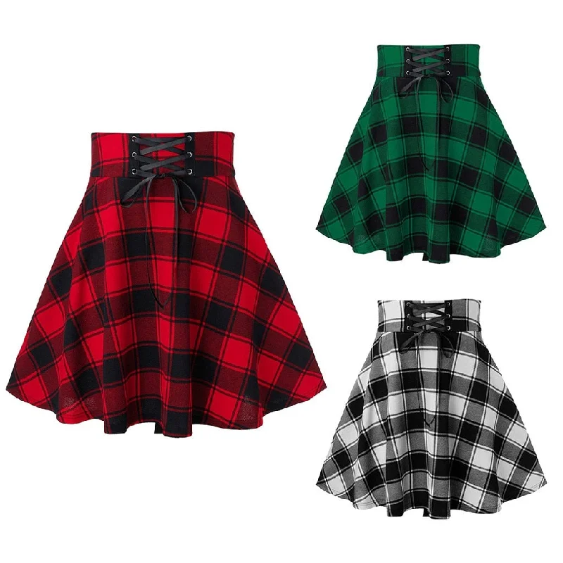 Female casual plaid printing spliced tie A word miniskirt summer South Korea high waist pleated skirt black gothic sexy