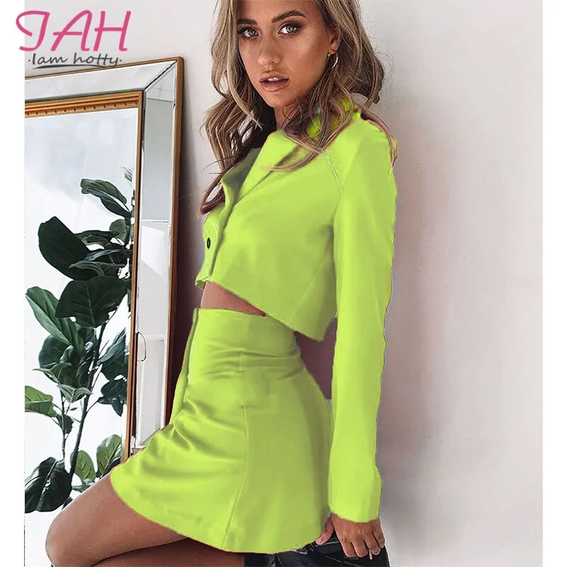 IAMHOTTY Elegant Women Suits Office Sets Skirt Green Casual Office Uniform Women Mini Skirt And Long Sleeve Blazer Sets