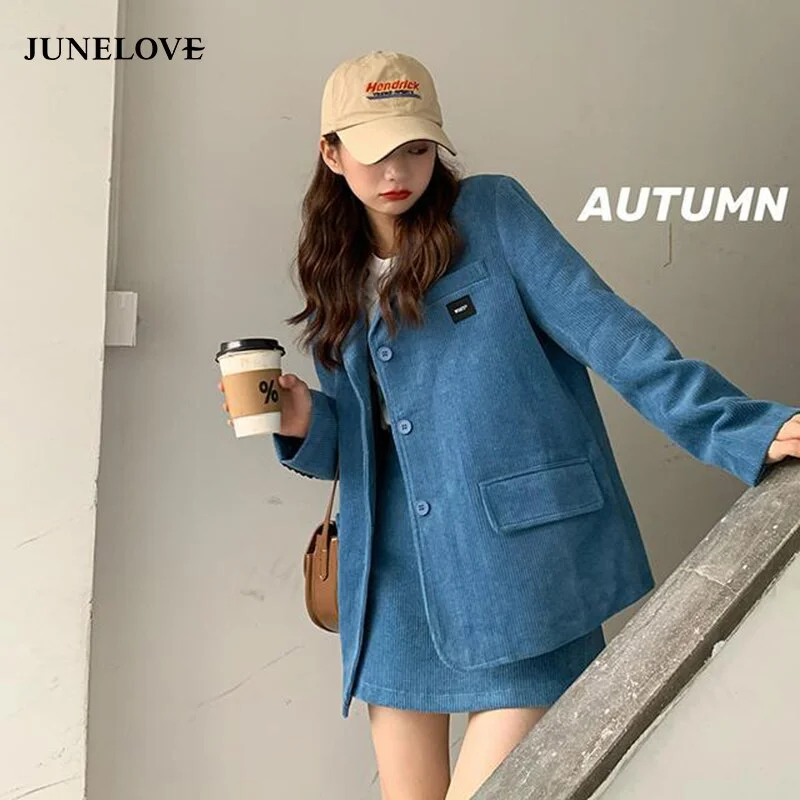 JuneLove Women Sets Corduroy Simple Loose Blazer+ Female High Waist Mini Skirts Suits Ins Chic Elegant Retro Casual Soft